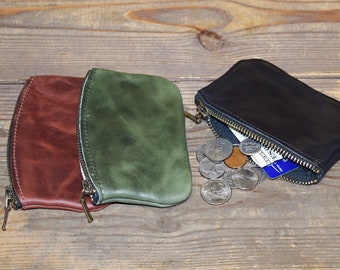 Horween Leather Zipper Wallet, Minimalist Zipper Wallet, Chromexcel Coin Purse, Leather Coin Purse Made in USA, Brass Zipper Leather Purse