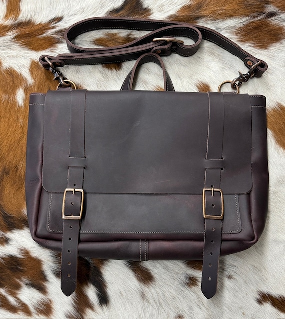 Wide Leather Messenger Bag Black Cherry Excalibur Pullup