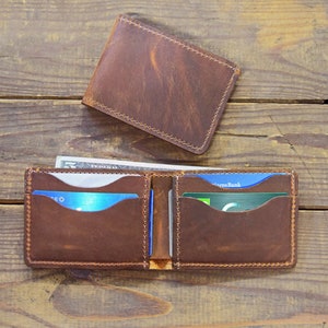 Cartera de bolsillo frontal de cuero áspero y resistente de cobre, cartera minimalista, cartera plegable de cuero pequeña, cartera pull-up, cartera de tarjetas
