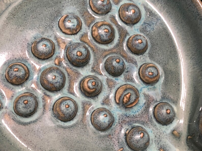 May include: A close-up of a ceramic dish with a teal glaze and a textured surface. The dish has a pattern of raised circles, each with a small brown dot in the center.