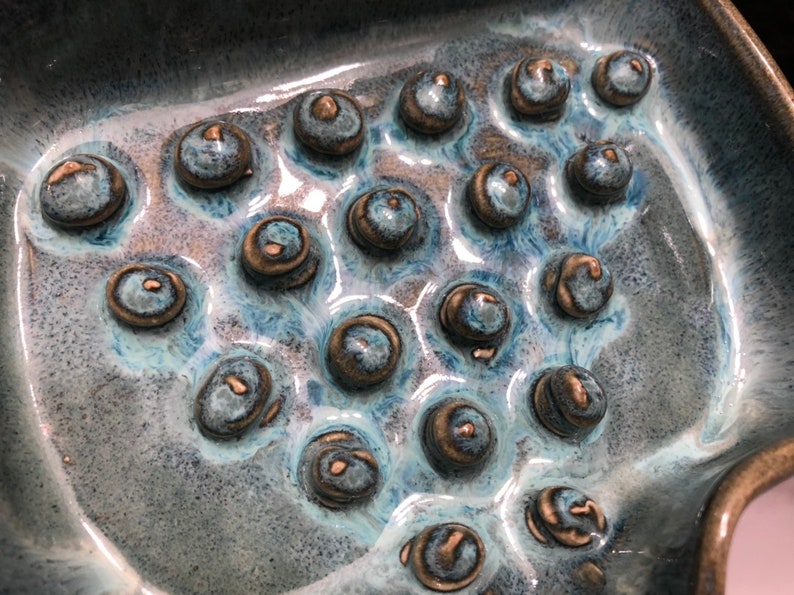 May include: A blue and brown ceramic dish with a textured surface. The dish has a series of raised circles, creating a unique design.
