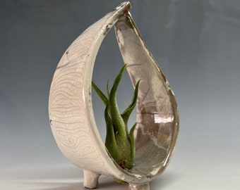 White Crackle Raku Desktop Air Plant Hanger