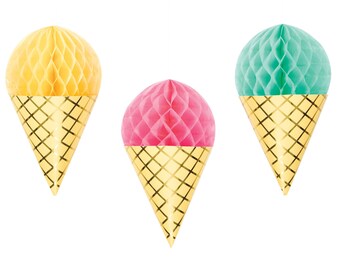 Ice Cream Cone Decoration, Ice Cream Party Decor, Hanging Ice Cream Cone, Honeycomb Ice Cream Cone, Pastel Ice Cream Party Supplies