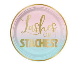 Lashes or Staches Gender Reveal Plates, 8 Pink and Blue Plates, He or She Baby Shower, Boy or Girl Plates, Gender Reveal Party Supplies