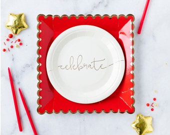 Set of 12 Plates Deck the Halls Red Christmas Party Plates Red Holiday Party Decor Christmas Paper Plates Red and Green Party Supplies