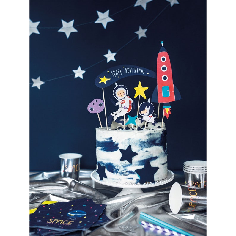 Space Cake Topper Set 7 pieces, Space Cake Decorations, Outer Space Party Supplies, Blast Off Birthday Decor, Two the Moon, Astronaut Party image 2