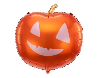 May include: Orange foil balloon in the shape of a jack-o'-lantern. The balloon has a smiling face with white cutouts for the eyes and mouth. A gold stem is at the top, and the balloon is inflated.
