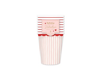 Pink Striped Valentine Paper Cups 8ct, Valentine Party Cups, Valentine Kids Cup, Pink Cups Disposable, Classroom Valentine's Day Party