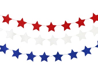 Red, White and Blue Glitter Star Banner Set, July 4th Banner, Star Garland, Patriotic Decorations, Mantle Garland, Stars and Stripes