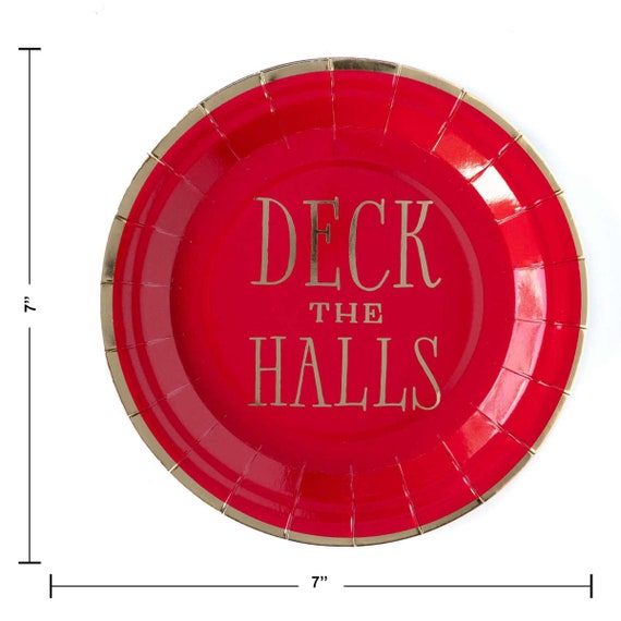 Set of 12 Plates Deck the Halls Red Christmas Party Plates Red Holiday Party Decor Christmas Paper Plates Red and Green Party Supplies