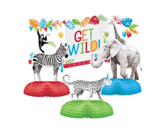 Party Animals Centerpiece Set 4ct, 3D Centerpiece, Party Animal Birthday Decor, Animal Party Supplies, Get Wild, Safari Birthday, Wild One