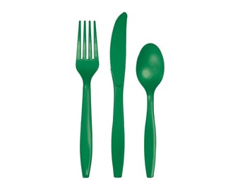 Emerald Green Plastic Cutlery 24ct, Green Plastic Silverware, Disposable Silverware, Green Party Supplies, Jungle Safari, St. Patrick's Day