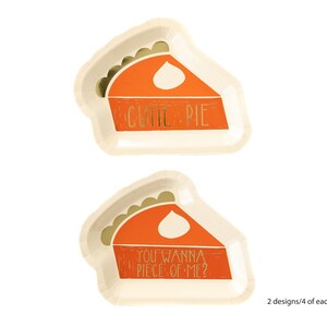 K&ouml;nnte beinhalten: Zwei Pappteller mit einem Torten-Design. Ein Teller sagt "cutie pie" und der andere sagt "you wanna piece of me?"