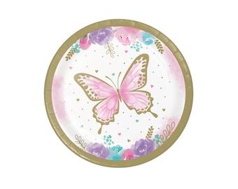 Pastel Floral Butterfly Dessert Plates 8ct, Small Butterfly Paper Plates, Pink Butterfly Birthday, Butterfly Baby Shower, Fairy Garden Party