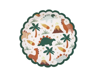 May include: Green and white paper plates with a dinosaur theme. The plates feature a variety of dinosaurs, including a green stegosaurus, a brown triceratops, and a blue pterodactyl. The plates also feature palm trees, volcanoes, and stars.