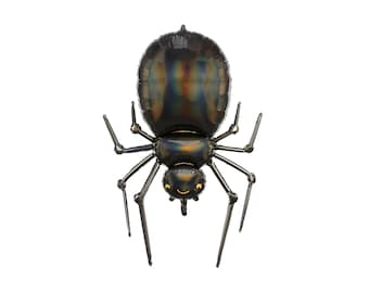 May include: A black balloon spider with a smiley face. The spider has eight legs and a shiny, iridescent body.