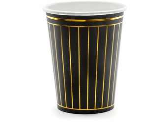 Black and Gold Paper Cups 6ct, New Year's Eve Party Cups, Happy New Year Decor, Roaring Twenties Party,  Gold Striped Disposable Cups