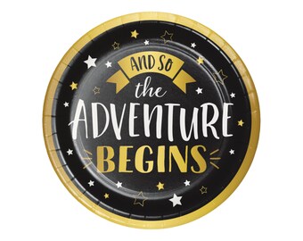 Black and Gold Graduation Paper Plates, Adventure Awaits Graduation Party, Class of 2021 Party Plates, Teacher Retirement, 8 Dessert Plates