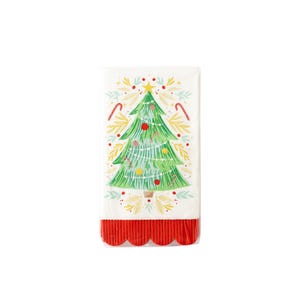 May include: A rectangular paper napkin with a Christmas tree design. The tree is green with red and yellow ornaments, candy canes, and a star on top. The bottom edge is red with a scalloped design.