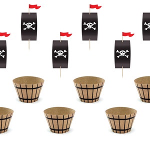 Pirate Cupcake Toppers and Wrappers 6ct, Pirate Ship Cupcakes, Skull and Crossbones Cupcake Picks, DIY Birthday Baking Kit, Food Picks