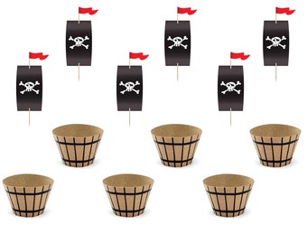 Pirate Cupcake Toppers and Wrappers 6ct, Pirate Ship Cupcakes, Skull and Crossbones Cupcake Picks, DIY Birthday Baking Kit, Food Picks