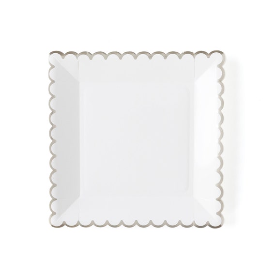 White Paper Plates, Scalloped Plates, Winter Wedding Tableware, Christmas Dinner Plates, Winter Wonderland Party, White and Silver Plates Il_570xn
