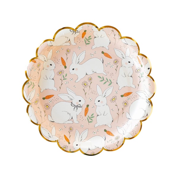 Pastel Bunny Plates 8ct, Easter Bunny Plates, Scalloped Luncheon Plates, Bunnies and Carrots, Bunny Baby Shower, Bunny 1st Birthday Decor