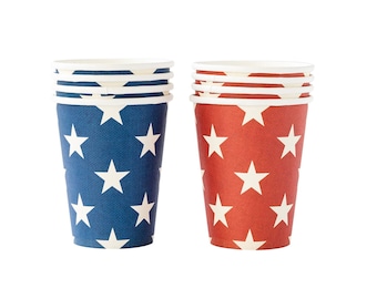 Red and Blue Star Paper Cups 8ct, 4th of July Cups Disposable, Patriotic Party Cups, Star Spangled Party Decor, Memorial Day, Nautical Party