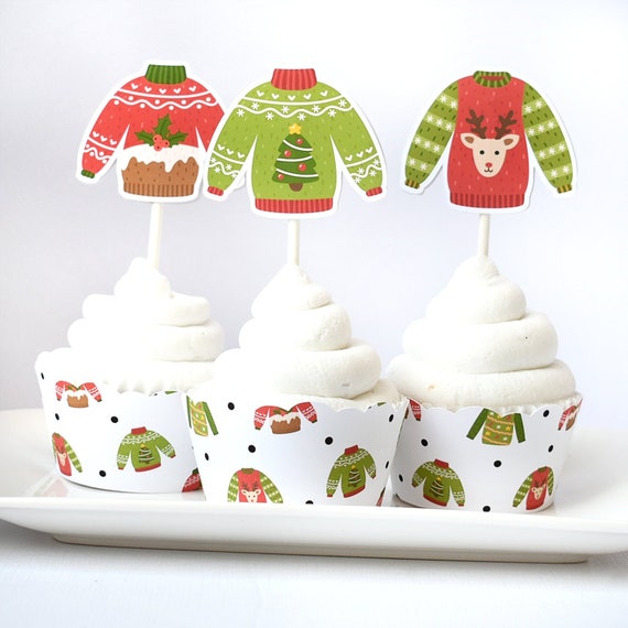 Ugly Sweater Cupcake Topper, Christmas Cupcake Toppers, Holiday Party Decorations Il_570xn