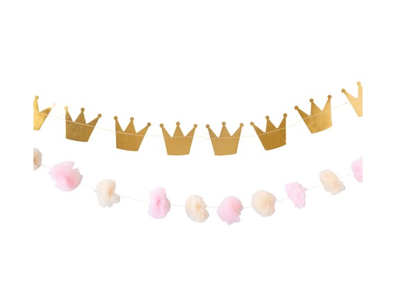 Princess Crown and Pom Pom Banner Set, Princess Banner, Gold Tiara Garland, Princess Birthday, Princess Tea Party, Princess Baby Shower Il_570xn