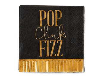 Pop Clink Fizz Fringed Cocktail Napkins 18ct, Black and Gold Napkins, Bachelorette Party Napkins, 50th Birthday Party, 50th Anniversary