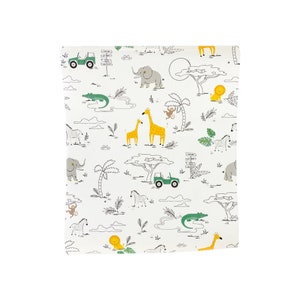 May include: White fabric with a safari animal print. The design includes giraffes, elephants, lions, zebras, and crocodiles in a playful, cartoon style. Green jeeps and safari signs are also featured.