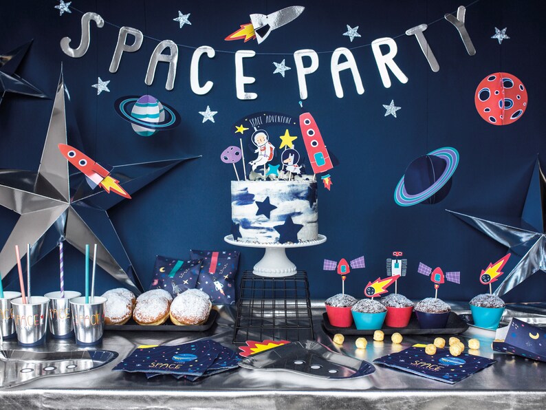 Space Cake Topper Set 7 pieces, Space Cake Decorations, Outer Space Party Supplies, Blast Off Birthday Decor, Two the Moon, Astronaut Party image 4