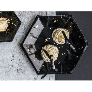 Black Plates with Gold Stars, Black and Gold Paper Plates, Star Paper Plates, Space Party Plates, 2021 New Years Eve Decorations image 3