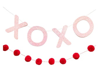 XOXO Glitter Banner Set, Valentine Pom Pom Ball Garland, Valentine Banner, Galentine Banner, Valentine Mantel Garland, Mantel Decor,