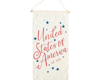 Patriotic Hanging Door Sign, 4th of July Door Banner, Independence Day Canvas Sign, Red, White and Blue Decorations, July 4th Home Decor