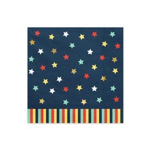 May include: Blue paper napkins with a pattern of colorful stars and a striped border.