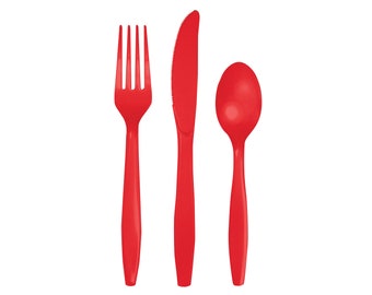 Red Plastic Cutlery 24ct, Red Plastic Silverware, Disposable Cutlery, Christmas Tableware, Valentine's Day decor, July 4th, Nautical Party