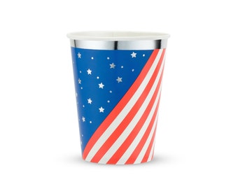 Stars and Stripes Cups, 4th of July Paper Cups, Disposable Cups, Patriotic Party Supplies, Memorial Day, 8 American Flag Themed Cups