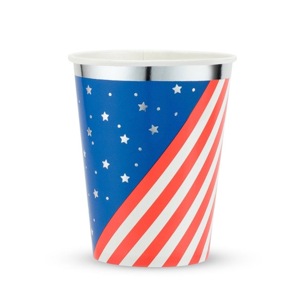 Stars and Stripes Cups, 4th of July Paper Cups, Disposable Cups, Patriotic Party Supplies, Memorial Day, 8 American Flag Themed Cups