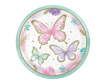 Pastel Butterfly Plates 8ct, Floral Butterfly Party Plates, Butterfly Birthday Decorations, Gold Butterfly, Fairy Party Décor, Garden Party