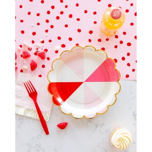 Red and Pink Valentine Scallop Plates 8ct, Valentine Paper Plates, Valentine Tableware, Round Dessert Plates, Valentine's Day Party Supplies image 2