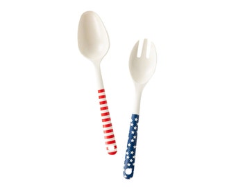 Stars & Stripes Salad Fork and Spoon Serving Set, 4th of July Serveware, Bamboo Serving Utensils, Reusable Serving Spoon, USA Party Decor