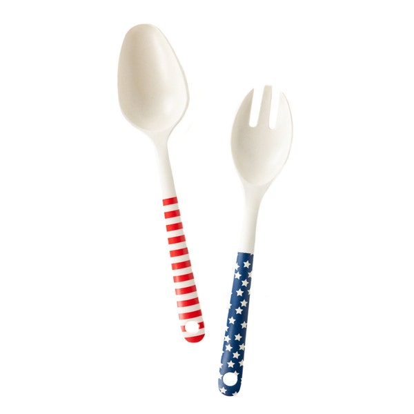 Stars & Stripes Salad Fork and Spoon Serving Set, 4th of July Serveware, Bamboo Serving Utensils, Reusable Serving Spoon, USA Party Decor