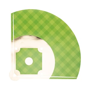 May include: A green and white checkered baseball field base with a gold outline. The base is shaped like a half circle with a smaller square in the center.