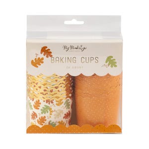 May include: A package of 36 fall-themed baking cups. The cups are orange and white with a leaf pattern. The package says "My Mind's Eye Paper Goods Baking Cups 36 Count."