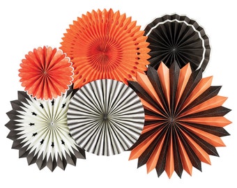 Vintage Halloween Paper Fans, Halloween Party Fans, Orange and Black Fans, Retro-Inspired Halloween Decorations, Halloween Paper Rosettes
