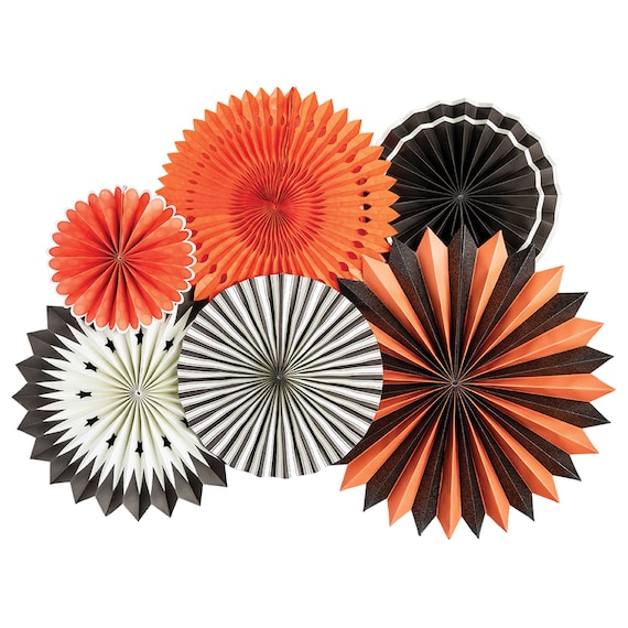 Vintage Halloween Paper Fans, Halloween Party Fans, Orange and Black Fans, Retro-Inspired Halloween Decorations, Halloween Paper Rosettes Il_570xn
