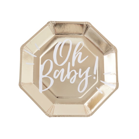 Oh Baby Plates, Gold Baby Shower Plates, Oh Baby Shower Decorations, Gender Neutral Baby Shower, 8 Disposable Plates Il_570xn
