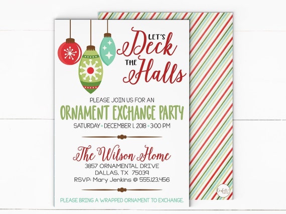 deck the halls christmas party invitation holiday ornament exchange invitation christmas dinner party invitaton christmas ornament invitations